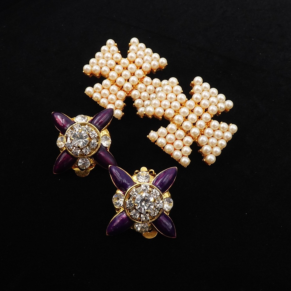 VTG Rhinestone and‎ Maltese Cross Earrings Lot Purple Enamel Faux Pearl Clip On